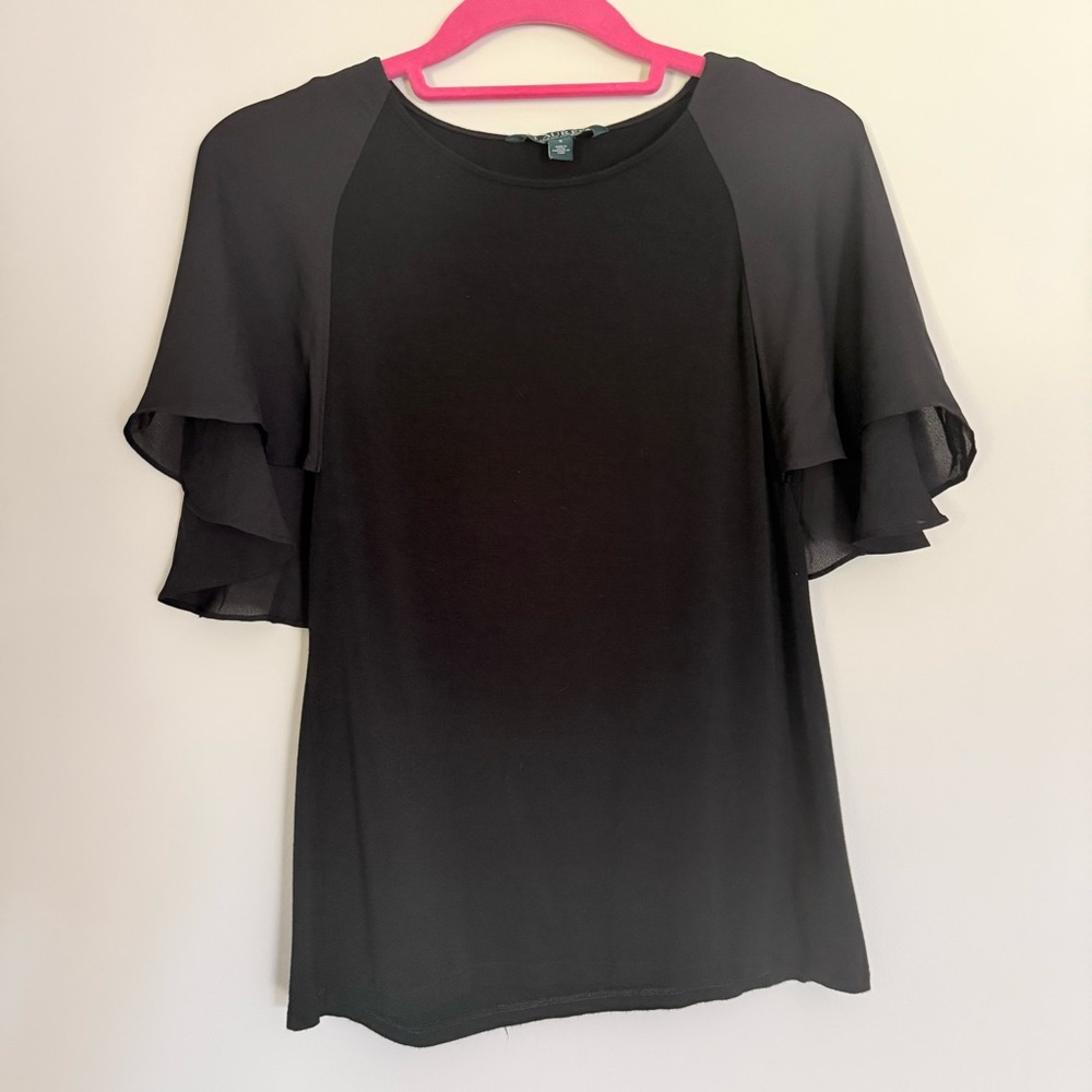 LAUREN Ralph Lauren Black Sheer-Sleeve Caped Blouse, Size Small